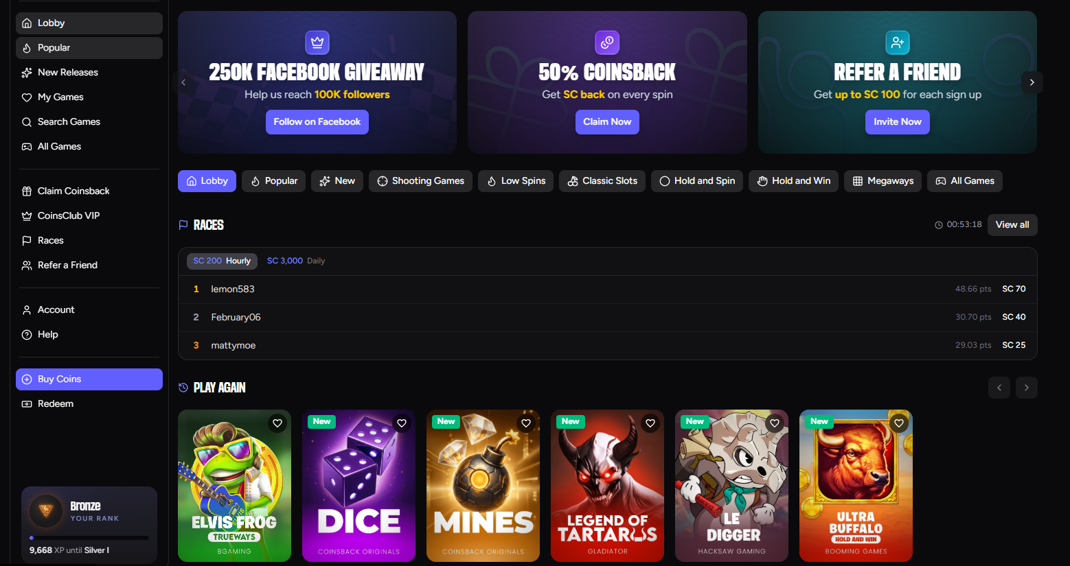Coinsback Casino welcome offer packages