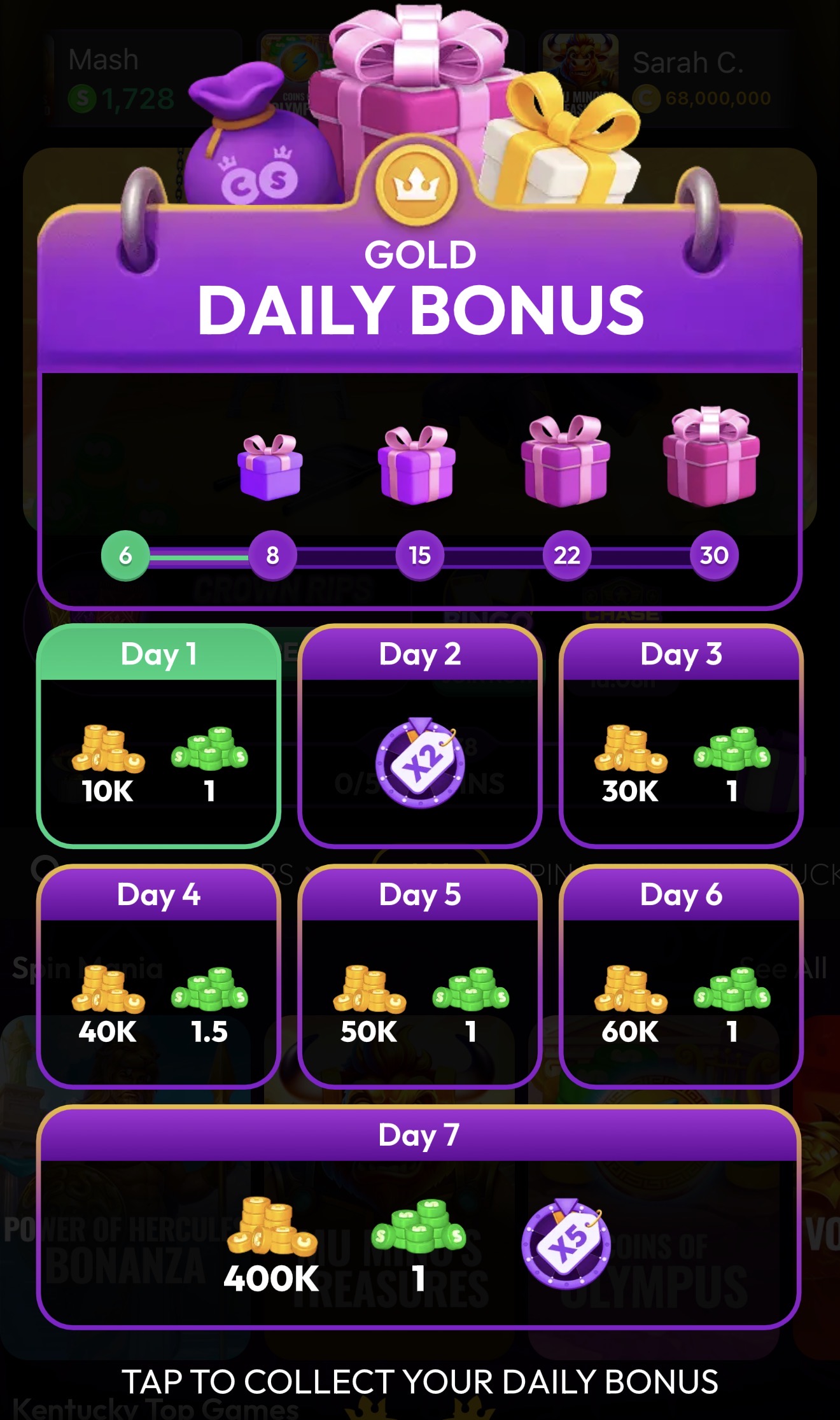 Crown Coins Gold daily bonus seven-day calendar