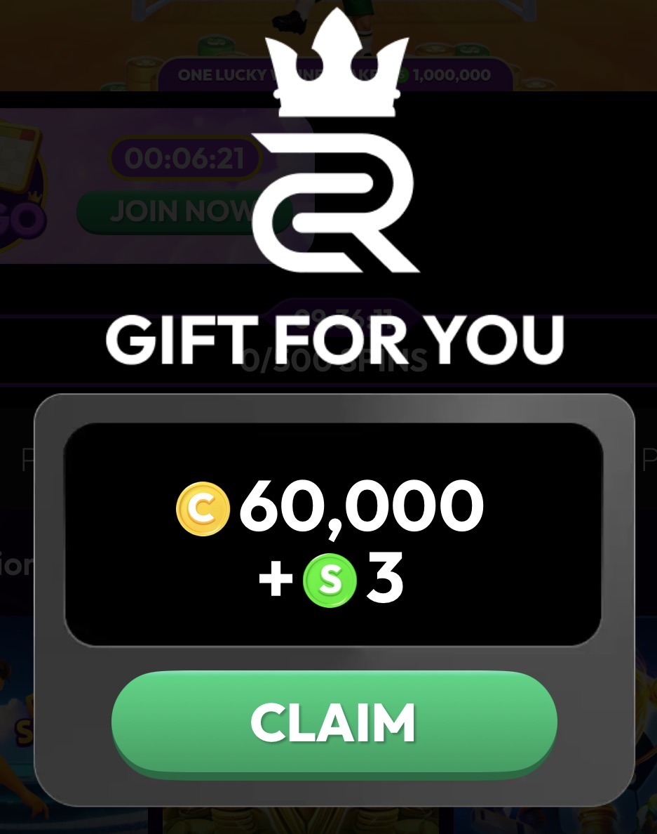 Crown Coins Royal Club Sunday gift of 60,000 GC plus 3 SC
