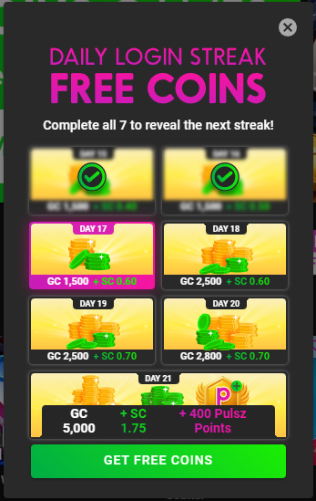 Pulsz daily login streak calendar showing days 17 to 21