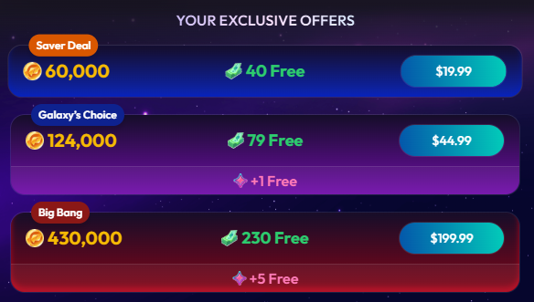 Sweepstars welcome offer packages